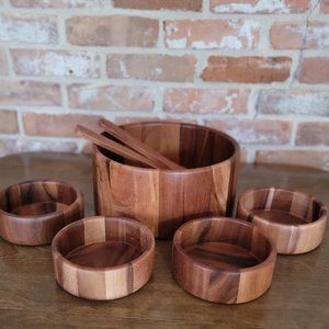 Vintage Mid Century 7pc Teak Wood Salad Bowl Serving Set Made in Thailand